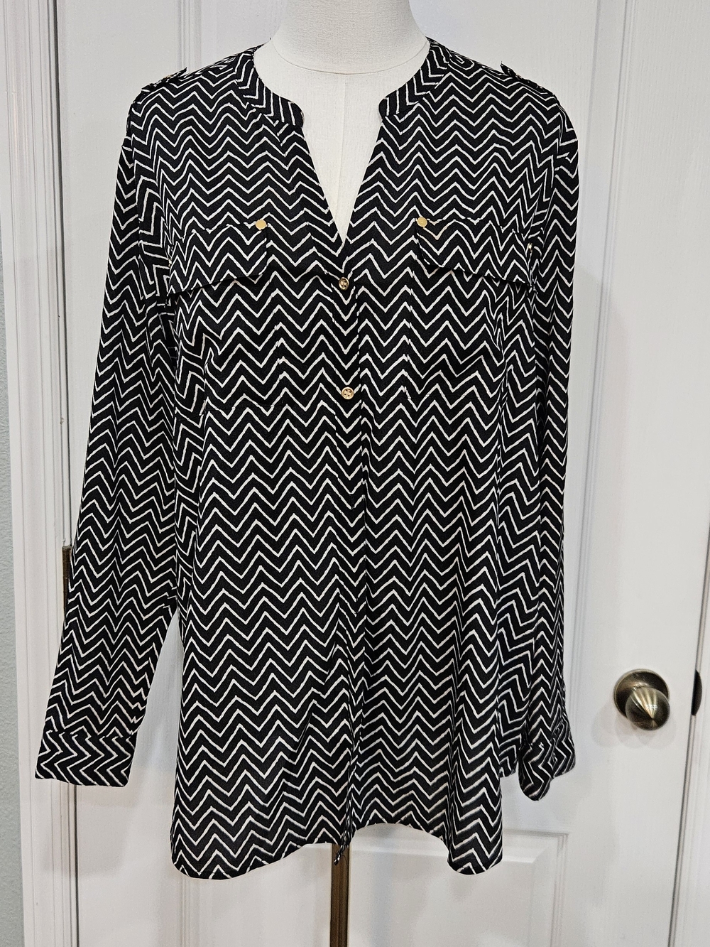 Charter Club Black and White Chevron Long-Sleeve Tunic